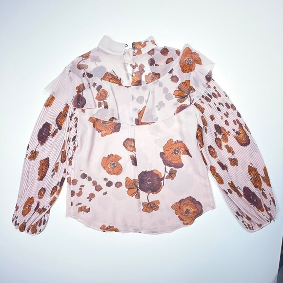 Women's Chelsea28 Floral Sheer Blouse w/ Ruffled Collar &‎ Pleated Sleeves M Med - Picture 10 of 11